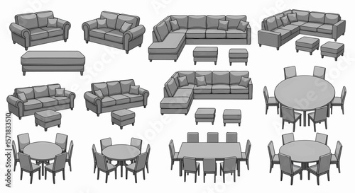 Comprehensive Gray Furniture Collection: A Clean Illustrative Array of Sofas, Sectionals, Armchairs, Ottomans, and Dining Sets with Various Seating Configurations
