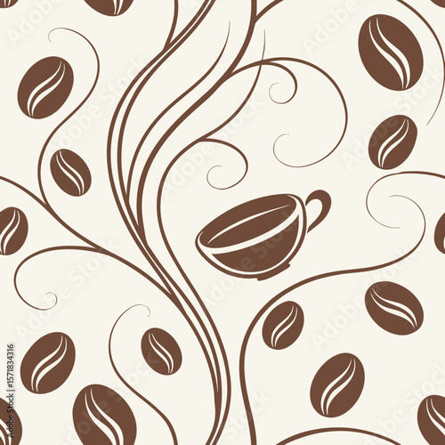 Elegant seamless pattern of coffee beans, cups, and swirling steam in warm brown tones. Ideal for cafe branding, packaging, menus, and kitchen decor.