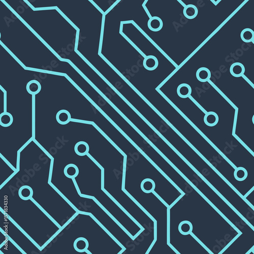 Seamless Tech Circuit Board Lines  Pattern:A seamless vector pattern featuring neon blue circuit board lines on a black background, ideal for high-tech, sci-fi, & cyberpunk-inspired digital projects.