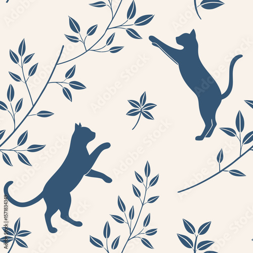 eamless Minimalist Cat Silhouette Pattern – Playful Modern Blue: minimalist pattern of playful blue cat silhouettes and botanical branches, perfect for modern home decor, textiles, and cat lover gifts