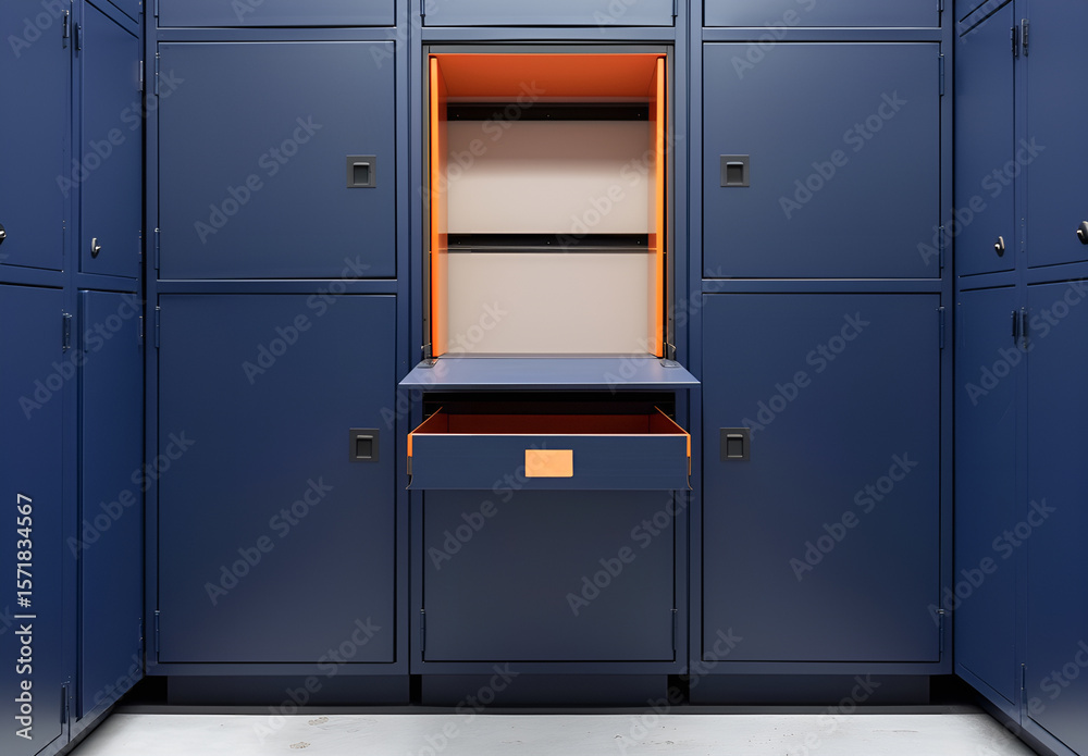 Obraz premium Koncepcyjne ujęcie jednej otwartej, pustej szafki wśród rzędu zamkniętych. Symbol szansy, wyboru, nowego początku i dostępnego miejsca.