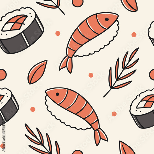 Playful Sushi Roll Seamless Pattern: A fun and colorful seamless pattern with sushi rolls and nigiri, ideal for restaurant branding, textiles, wrapping paper, and playful designs.
