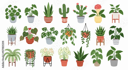 Stylized Cartoon Houseplants: A Vibrant Collection of 28 Potted Plants with Diverse Green Foliage, Cacti, and Trailing Vines
