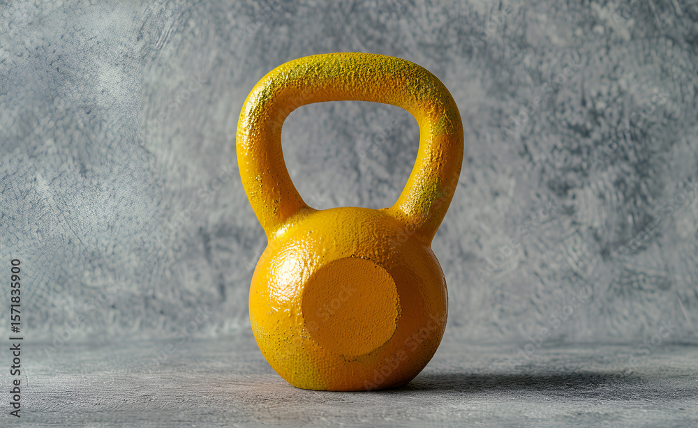 Fototapeta premium Żółty kettlebell na tle szarej, betonowej ściany. Sprzęt do treningu siłowego, fitness i crossfitu z miejscem na tekst.