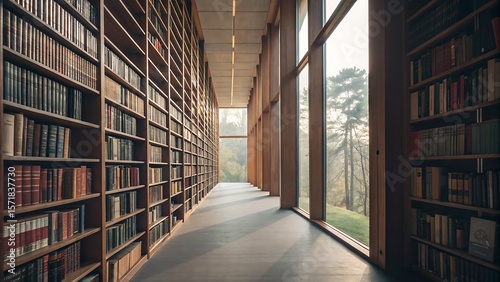 Interior view of a library with floor to ceiling bookshelves and large picture windows outdoors