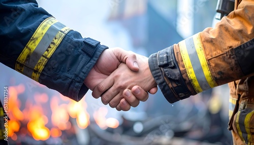 Detailed close-up shot in a fire area of ​​a male professional firefighter holding the hand of his female colleague to encourage each other in working