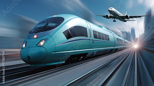A futuristic turquoise bullet train speeds along its tracks with a commercial airplane flying overhead in a blurred urban environment.