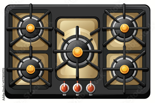 vector of Top view of a black glass gas stove with five burners and five beautiful gas control knobs on a white background