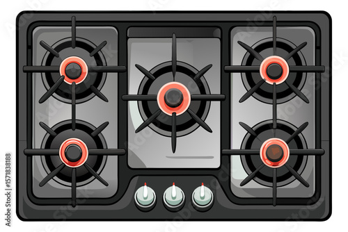 vector of Top view of a black glass gas stove with five burners and five beautiful gas control knobs on a white background