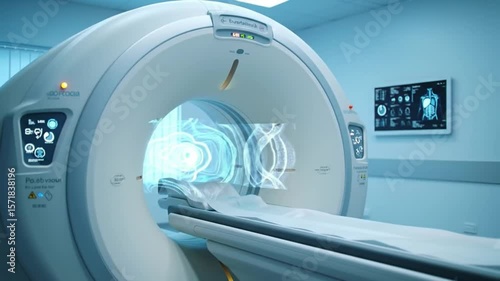 A modern ct scanner in a hospital room with a digital display showing medical visualizations