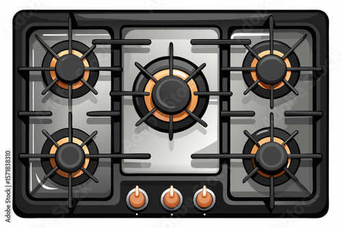 vector of Top view of a black glass gas stove with five burners and five beautiful gas control knobs on a white background