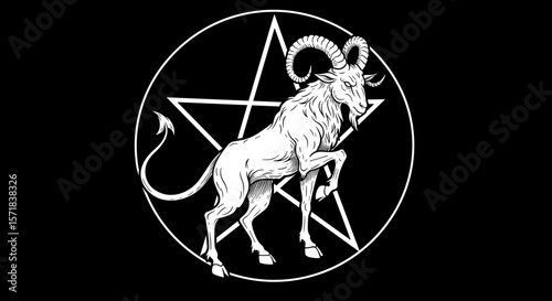 Demonic goat with pentagram in occult circle for dark fantasy art