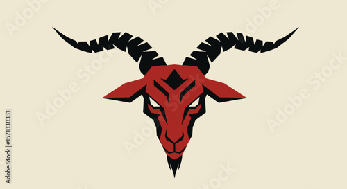 Red demonic goat head icon with black horns for fantasy projects