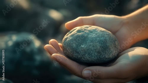 Holding a Smooth Stone in Hands During a Serene Moment Outdoors by the River. Generative AI