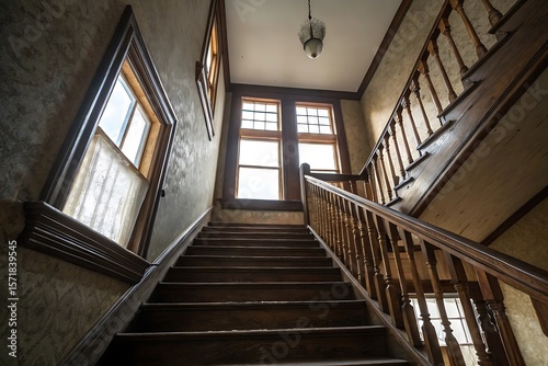 Majestic Antique Wooden Staircase in Historic Building with High Windows and Ornate Railing