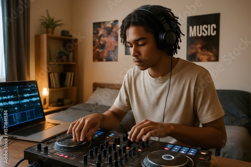 Young man creating electronic music using professional mixing console and laptop, wearing headphones in his bedroom studio