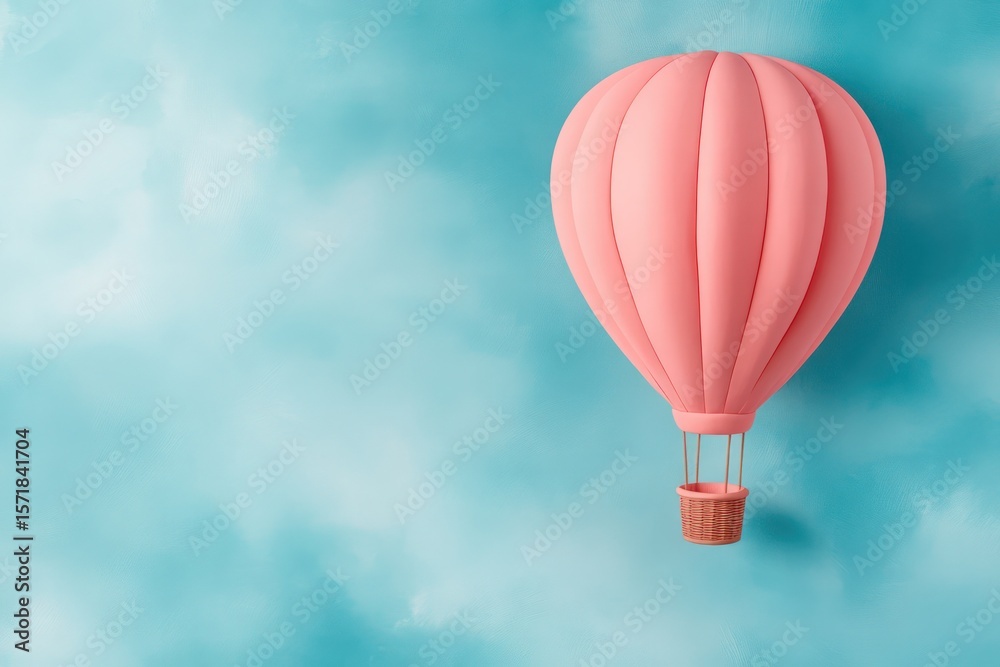 Fototapeta premium Watercolor painting of pink hot air balloon flying across blue sky dotted with clouds, copy space 
