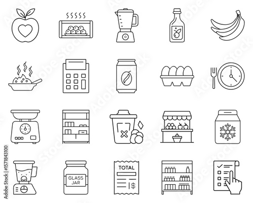 Meal Planning Icon Set Featuring Kitchen Tools and Ingredients in Black Silhouettes
