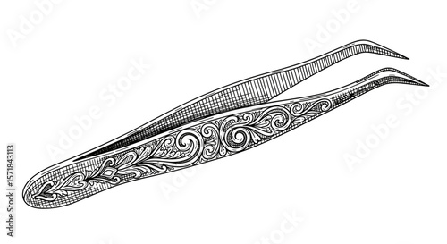  Vintage sketch doodle tweezers with decorative engraving