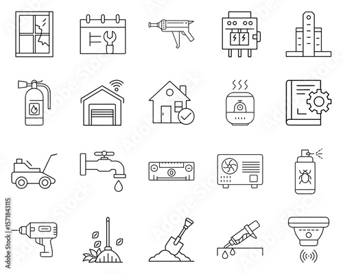 Home Maintenance Icon Set Featuring Tools and Equipment in Black Silhouettes