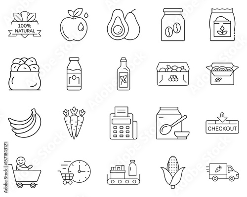 Grocery shopping vector icon set featuring food items and checkout symbols