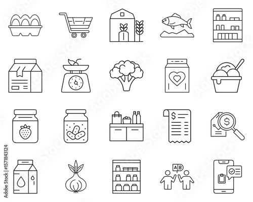 Vector icons for groceries, including various food items and tools
