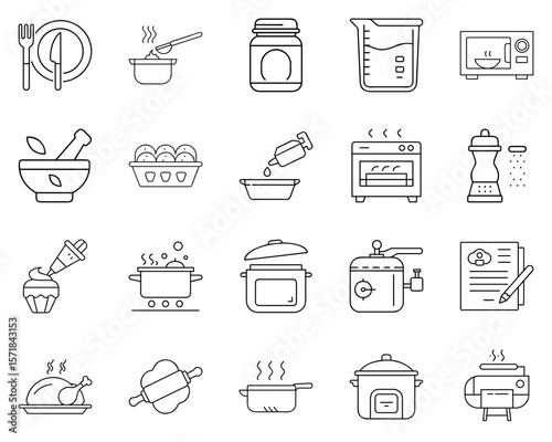Cooking methods icon set featuring kitchen tools and utensils in black outlines