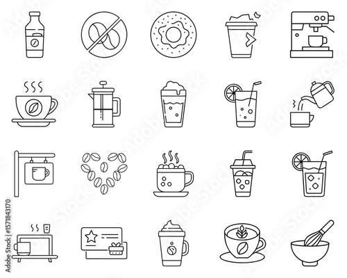 Black vector icons for a coffee shop with beverages and snacks