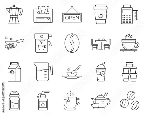 Coffee shop vector icon set featuring drinks and equipment in black style