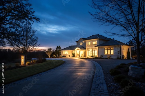 Luxurious Modern Home at Dusk with Glowing Windows and Winding Driveway