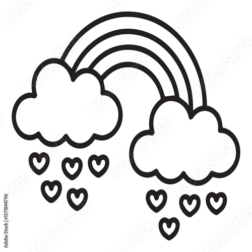 Cute black and white outline of a rainbow arching over two fluffy clouds with heart shaped raindrops falling from them