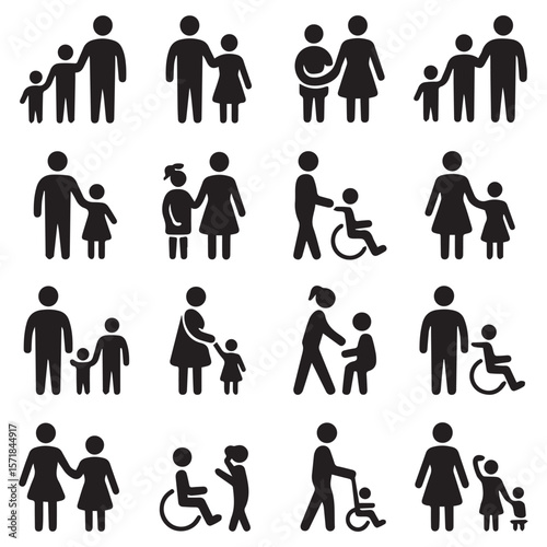 Collection of black silhouette pictograms depicting families parents children and individuals in wheelchairs on a white background representing diverse family structures and accessibility