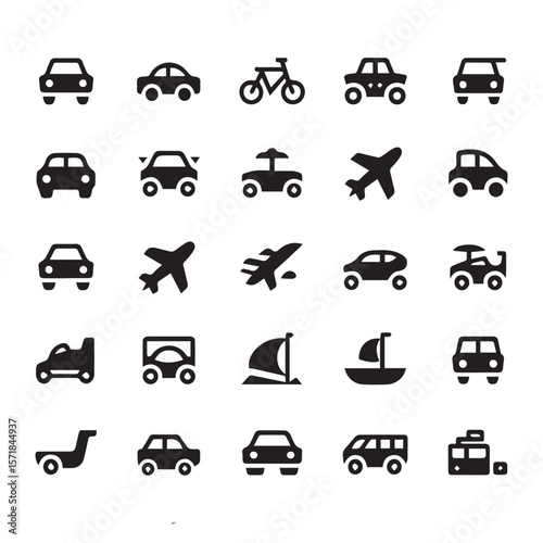 Collection of black silhouette icons representing various modes of transportation including cars airplanes boats and a bicycle on a white background