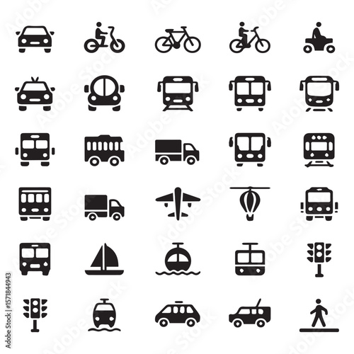 A comprehensive collection of black transportation icons on a white background showcasing various modes of travel including cars buses trains airplanes boats and more