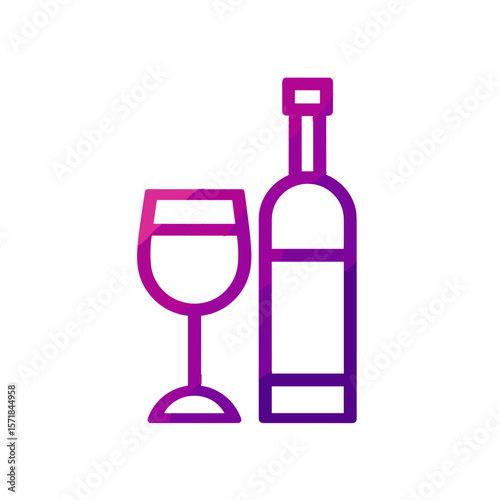Gradient outline icon of wine bottle and glass representing drinks, celebration and elegance
