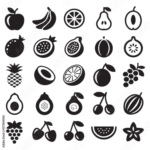 A collection of black and white fruit icons featuring apples bananas oranges pears plums pomegranates passion fruit figs pineapples avocados papayas cherries grapes watermelon and star fruit
