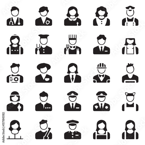 Collection of diverse professional people icons featuring medical staff chef construction worker business people and service personnel in a clean vector style