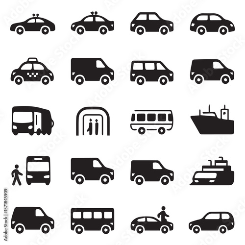 A collection of black silhouette icons representing various modes of transportation including cars taxis buses vans a subway entrance and ships on a white background