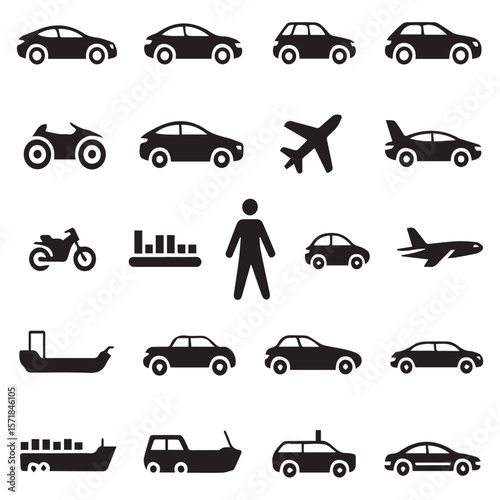 Collection of black silhouette icons representing various modes of transportation including cars airplanes motorcycles boats and a person on a white background