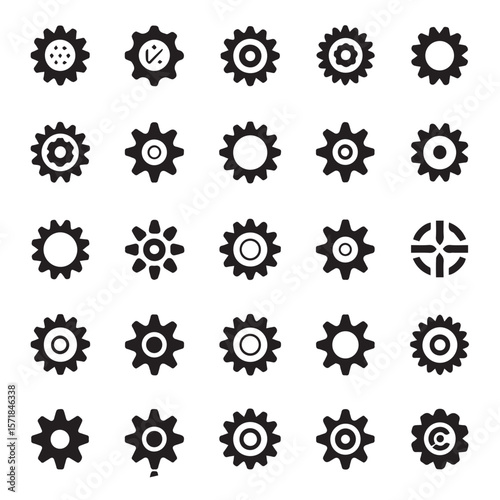 Collection of diverse black gear icons with various internal designs and tooth counts arranged in a grid on a white background representing mechanical parts and settings