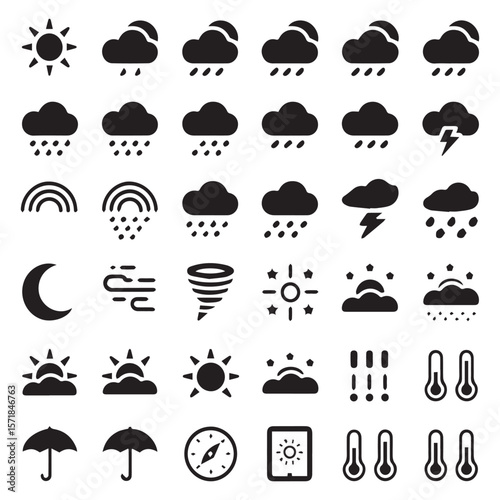 Collection of weather icons including sun clouds rain lightning rainbow moon wind tornado stars umbrellas compass tablet and thermometers