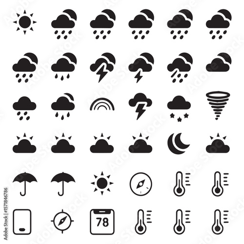 Collection of weather icons including sun clouds rain lightning rainbow tornado moon stars umbrella compass thermometer and calendar