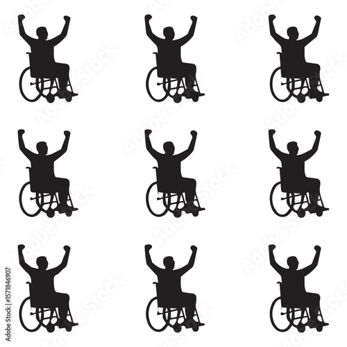 Silhouette of a person in a wheelchair with arms raised in celebration or victory against a white background