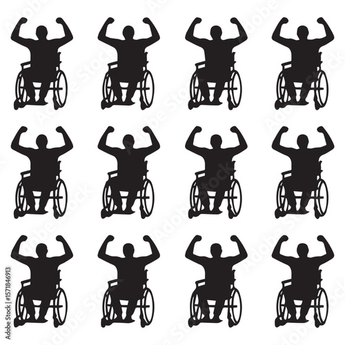 Twelve black silhouette figures of people in wheelchairs with their arms raised in victory or celebration against a white background