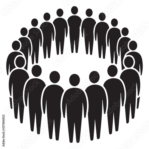 A diverse group of people standing together in a circle symbolizing unity community teamwork and togetherness in a simple black and white graphic