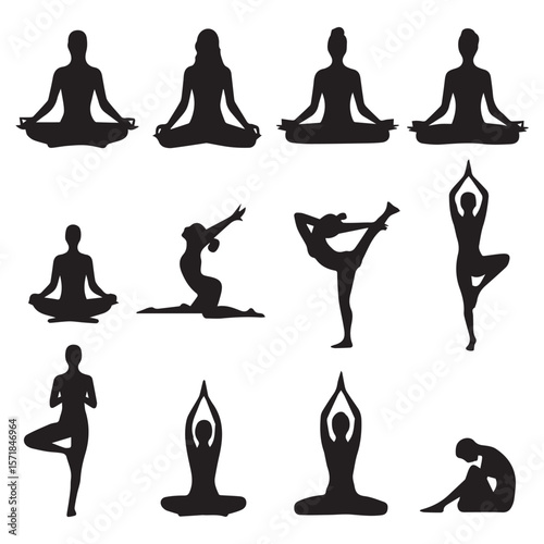Collection of diverse black silhouettes of people practicing various yoga poses and meditative stances on a white background
