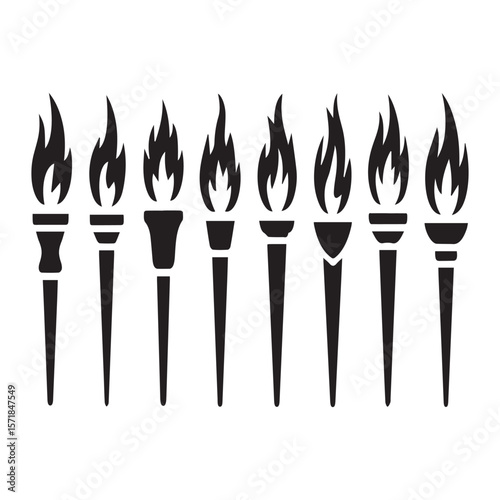 Collection of eight black silhouette torch icons with stylized flames on a white background representing different designs and styles