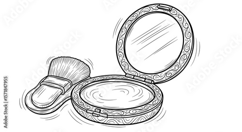 Engraving makeup mirror and brush — vintage ink sketch doodle black and white vector illustration on white background
