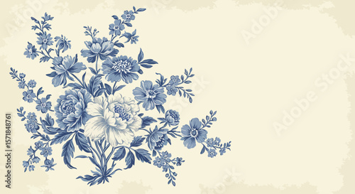 Elegant floral arrangement illustration with blue and white flowers vintage style