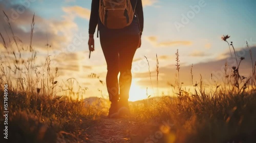 Hiker Walks Towards a Vibrant Sunset Through a Grassy Field. Generative AI